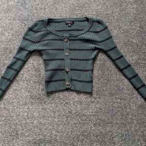 Eclipse Green and Black Striped Ribbed Button Crop Cardigan